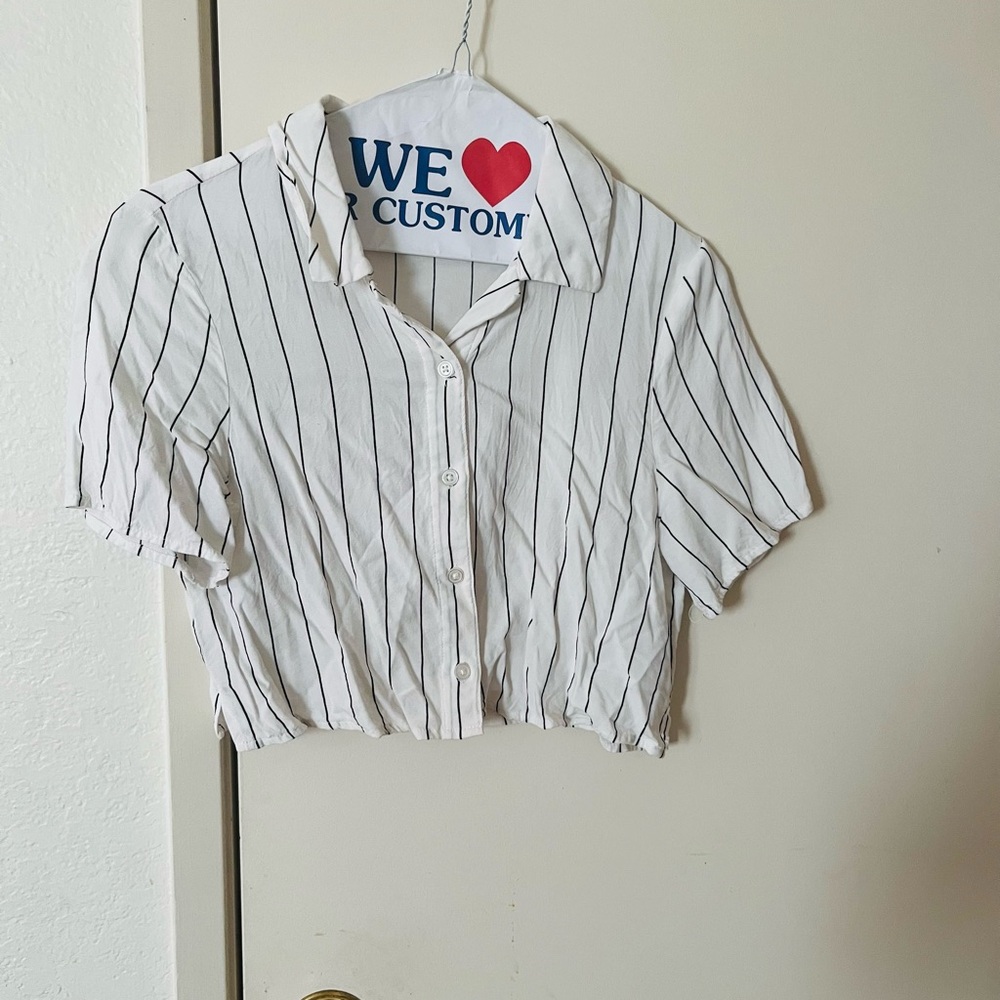 H&M White Shirt with Black Pinstripes and Blue Graphic